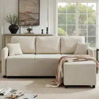 OKWISH 3-zits hoekbank met 2 kussens, klassieke bank met hoogwaardig schuim, chenille, geschikt voor kleine appartementen, lichtbeige