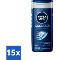 Nivea 15 x MEN - Douchegel - Cool Kick - 250 ml - Douchegel Mannen - Frisheid - Verkoelend Effect - 2-in-1 Douchegel En Shampoo - Ijsblauw