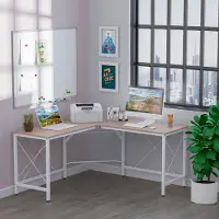 OKWISH Hoekbureau - L-Vormig Bureau Met Ruim Werkblad - Voor Thuiskantoor En Werkkamer - Gemelamineerd MDF En Metaal Naturel - 150x150x76 cm