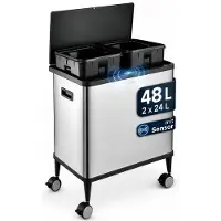 Floordirekt Afvalbak met sensor, model Tyler, 48 liter, met afvalscheiding, 2 x 24 liter, roestvrij staal
