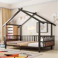 OKWISH Kinderbed 90x200 met veiligheidsrek, eenpersoonsbed met een dakvormig ontwerp, houten bed in zwart, zonder matras