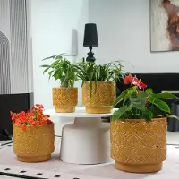 OKWISH Bloempot - Glanzende Warmgele Afwerking - Ø24,3 cm - Keramiek - Geel - Voor Binnen En Overdekt Balkon - Met Reliëf