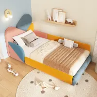 STILVORA Kinderbed 90x200 cm - Polsterbed met verhoogde zijbescherming - Zacht bed met lattenbodem - Voor kinderkamer - Velours - Blauw Multi - Zonder matras