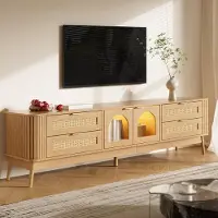 OKWISH Dressoir - Tv-Meubel Met 4 Lades En 2 Glazen Deuren - 180 x 40 x 50 cm - Ledverlichting - Opbergruimte - Spaanplaat Naturel