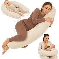 Totsy Baby Zwangerschapskussen 190 cm Mousseline Kussen – body pillow voor zwangeren steun rug buik hoes van katoen wasbaar afneembaar ergonomisch – OEKO-TEX gecertificeerd Lichtbeige