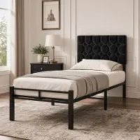 KUTAS Gestoffeerd Bedframe 90×200cm - Verstelbaar Hoofdbord - Stevig & Stil - Antislip - Grote Opbergruimte onder Bed - Zwart - Geschikt voor Slaapkamer, Gastenkamer en Kleine Ruimtes