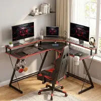 OKWISH Gaming Bureau L Vormig 128 Cm Met Monitorstandaard Stekkerdoos Usb Poorten Koptelefoonhaak Bekerhouder Zwart Voor Hoekwerk