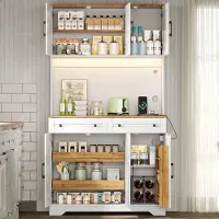 OKWISH Keukenkast - Hoge Opbergkast Met LED-Verlichting En Stopcontact - Voor Keuken En Eetkamer - MDF Wit/Natuur - 100x40x180 cm
