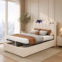 HAUSS SPOLE Kinderbed 90 x 200 cm Zonder Matras - Gestoffeerd Bed Met Lattenbodem En Grote Opbergruimte - Met USB En Type C En Leeslamp - Samt - Beige