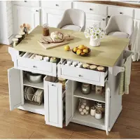 OKWISH Keukenkast - Mobiel Keukeneiland Met Klapbaar Werkblad - 121 x 49 69 x 89 cm - 4 Lades En Opbergruimte - MDF Naturel Wit