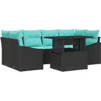 vidaXL Tuinbank Set 7 st Zwart en Blauw Poly rattan