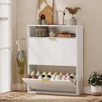 OKWISH Schoenenkast - Smal Model Met 2 Kleppen En Open Opbergblad - Modern Voor Hal En Entree - Wit - 80 X 24 X 102,5 Cm