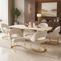 OKWISH Eetkamerstoel Set Van 6 - Kuipstoel Met Boucle Bekleding En Armleuningen - Modern Comfort Voor Eetkamer En Woonkamer - Metaal - Beige En Goud