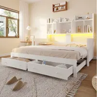 OKWISH Slaapbank 90x190 cm - Uitschuifbaar Tot 180x190 cm - Met Opbergruimte, Lades, Stopcontact en Ledverlichting - Zonder Matras - Hout - Wit