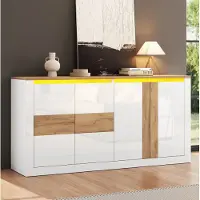 OKWISH Dressoir - 140 x 35 x 70 cm - 4 Deuren - Met RGB Ledverlichting - Verstelbare Planken Voor Woonkamer Eetkamer Hal - MDF Wit Naturel