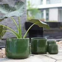 OKWISH Bloempot Set – 4-Delig Handgemaakt – Ø 33/26/20/15 cm – Keramiek – Antiekgroen – Voor Binnen en Buiten – Met Afwateringsgaten
