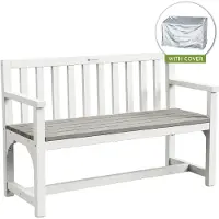 WONDERMAKE® Weerbestendige houten tuinbank met hoes, moderne 2-zits houten bank, massief houten tuinbank, natuurlijk hout, wit/grijs