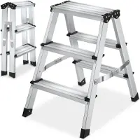 TecTake Dubbelzijdige Aluminium Keukentrap - 3 Treden - 58 cm - Stevige Trap Ladder - Opklapbaar Opstapje - Antislip Huishoudtrap