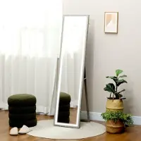 OKWISH Spiegel Verstelbare Led Verlichting 40 X 160 Cm MDF Grijs Staande Spiegel Voor Slaapkamer Woonkamer En Hal Met Touch Bediening