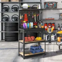 OKWISH Werkbank Met Lochwand En Haken – Schublade En 2 Ablagen – 80 x 40,5 x 155 cm – Staal En MDF – Zwart – Voor Werkplaats En Garage