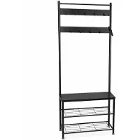 Begryf kapstok met bankje en schoenenrek - 9 haken - 70 x 32 x 175 cm - zwart - MDF en metaal