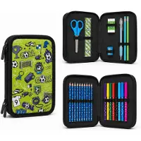 Benza Complete 25-delige schrijfwaren set in een stevige dubbele etui met voetbalprint en twee afzonderlijke ritsvakken.