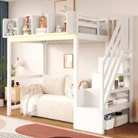 OKWISH Hoogslaper 90x200 cm - Met Ledverlichting en Veiligheidshek - Met Opbergruimte en Ladder - Kinderkamer - Hout - Wit - Zonder Matras