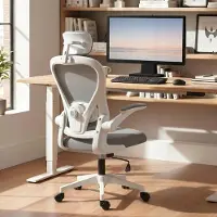 OKWISH Ergonomische Bureaustoel 64 x 63 x 115 125 cm Verstelbare Lendensteun Hoofdsteun Opklapbare Armleuningen Grijs Mesh