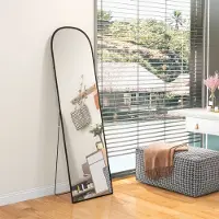 OKWISH Spiegel – Staand En Aan De Wand Te Gebruiken – 170 x 50 cm – Glas Met Aluminium Frame – Zwart – Passpiegel Met Boogvorm