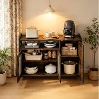 OKWISH Keukenkast - Industriele Stijl Met Open Vak En 2 Deuren - 110 x 33 x 75 cm - Verstelbare Planken - Hout En Metaal Rustiek Bruin