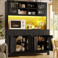 OKWISH Keukenkast - Buffetkast Met RGB Led en App-Bediening - 140 x 38,5 x 180 cm - 4 Lades, Glazen Deuren - MDF Zwart