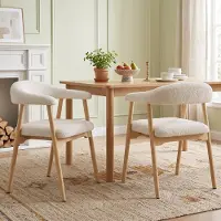 OKWISH Eetkamerstoel Set Van 2 Met Armleuning - Massief Houten Frame En Boucle Zitting - Voor Eetkamer En Woonkamer - Naturel En Beige