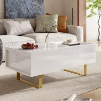 OKWISH Salontafel - Hoogte Verstelbaar Met Verborgen Opbergruimte En Lade - Woonkamer - Hoogglans MDF Wit Met Gouden U Poten - 100x50x54,5 cm
