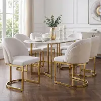 MODFU Eetkamerstoelen, set van 6, keukenstoel met dubbele rugleuning, relaxfauteuil met golvend design, loungefauteuil van chenille, beige + goud