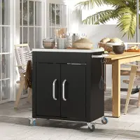 OKWISH Keukenkast Met Wielen 86 x 50 x 86,5 cm Ijzer Zwart Met Edelstalen Werkblad Opbergruimte En 6 Haken Voor Keuken En Eetkamer