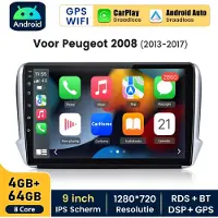 Hexinex HexinexMarket Autoradio Geschikt voor Peugeot 2008 (2013-2017) - Draadloos CarPlay, Android Auto, multimediaspeler, GPS Navi - 4GB+64GB