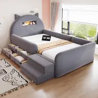 STILVORA Kinderbed 90x200 cm – Nachtlicht En USB Met Opberghoofdbord – 4 Lades En Afneembare Stappenbank – Fluweel – Donkergrijs – Zonder matras