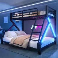 OKWISH Stapelbed 90x200cm En 140x200cm – Met Ledverlichting – Met Veiligheidshek En Ladder – Zonder Matras – Metaal – Zwart