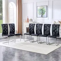 OKWISH Eetkamerstoel Set Van 4 – Retro Vintage Stoel Met Kroko-Structuur, Kristallen Knopen En Chroom Metalen Sledeslede – Zwart Kunstleer