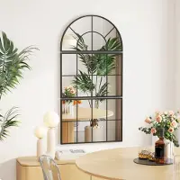 OKWISH Wandspiegel Drieledig Bogenvormig Metalen Frame 76 Cm Zwart Decoratieve Wandspiegel Voor Badkamer Woonkamer En Hal