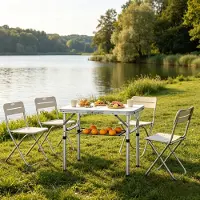 HAUSS SPOLE Campingtafel - Opvouwbaar Met 4 Verstelbare Hoogtes En Opbergnet - Voor Strand Camping En Balkon - Aluminium En MDF - 60x40 Cm - Crème