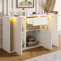 OKWISH Dressoir Met 3 Deuren En 1 Lade Verstelbare Led Verlichting Witte Afwerking Met Houtnerf Voor Woonkamer Hal En Eetkamer 140x40x82 Cm