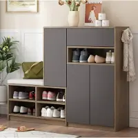 OKWISH Schoenenkast - Schoenbank Met Zitkussen - Verstelbare Planken - Moderne Opbergruimte Voor Hal En Entree - Spaanplaat Grijs 140x35x110 Cm