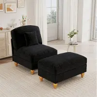 OKWISH Fauteuil Met Hocker 1-Zits Chenille Loungefauteuil Met Afneembare Rok Klassiek Voor Woonkamer Zwart