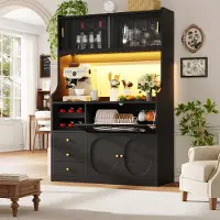 OKWISH Keukenkast - Hoge Opbergkast Met Appgestuurde RGB Led, Glazen Schuifdeuren En 3 Laden - 120x40x180 cm - MDF Zwart