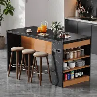 OKWISH Keukenkast - Keukeneiland Met LED-Verlichting En Stopcontact - 155 x 80 x 90 cm - 3 Open Vakken - MDF Zwart En Naturel