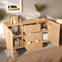 OKWISH Dressoir – 140×40×80 cm – 2 Deuren en 3 Lades – Opbergruimte voor Hal, Woonkamer en Eetkamer – MDF en Spaanplaat Naturel