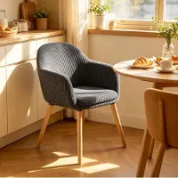 OKWISH Eetkamerstoel – Met Armleuning & Gepolsterde Zitting – 1 Stuk Voor Eetkamer, Keuken Of Werkplek – Ribstof, Hout En Metaal – Donkergrijs