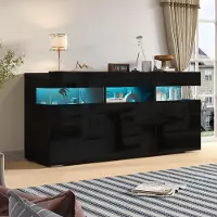 OKWISH Dressoir - 140 x 40,5 x 66,5 cm - 3 Deuren - 7 Opbergvakken - Met LED-Verlichting En Acryl Details - Hoogglans Zwart