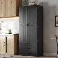 MODFU - Keukenkast - Hoogkast - Dubbele Deur - 2 Lades - 3 Uittrekbare Legborden - Zwart - MDF